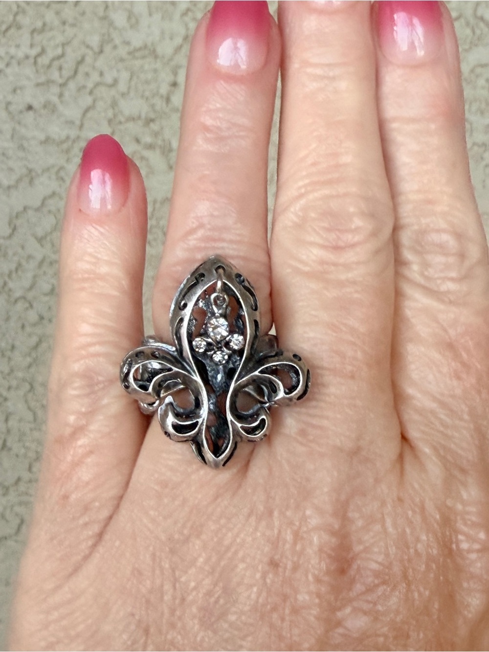 Fleur-de-Lis Silver Tone Statement Ring with Clear Dangling Stones